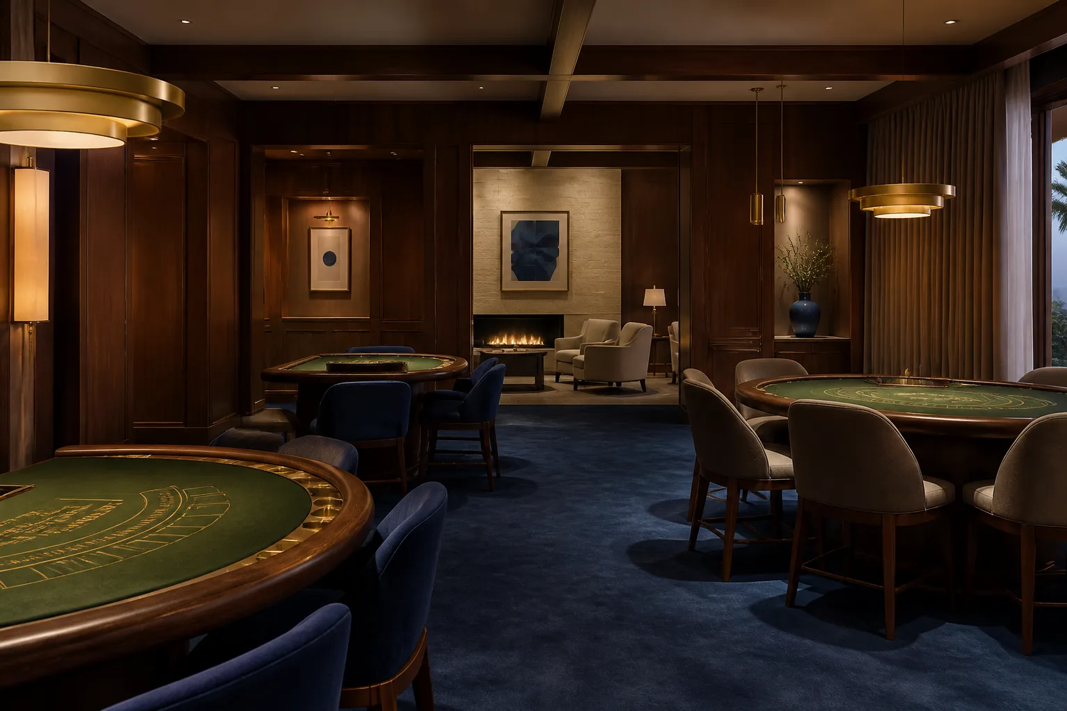 Blue Hour gaming salon with walnut walls and green felt tables