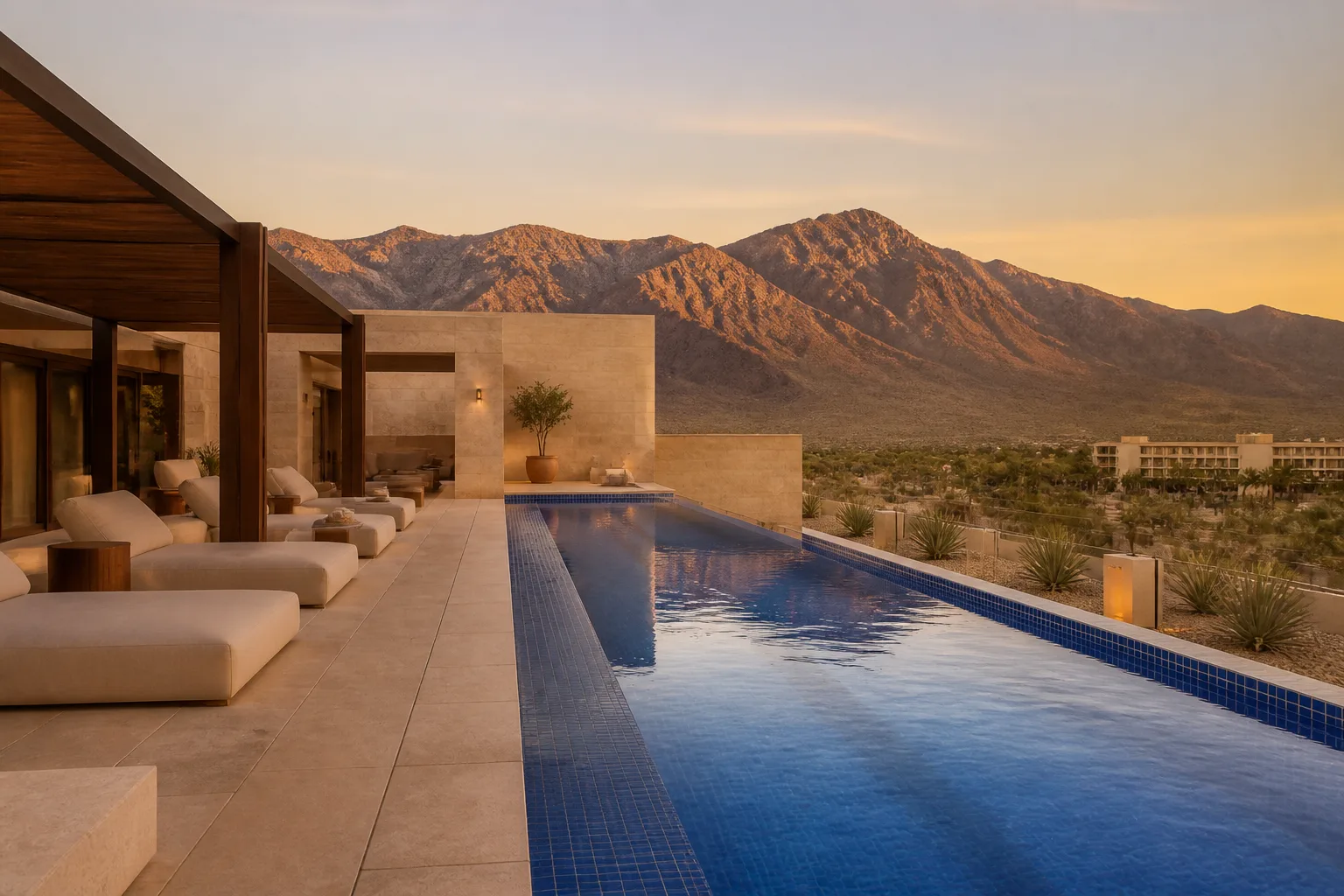 Cobalt rooftop pool facing the Okanagan Highlands