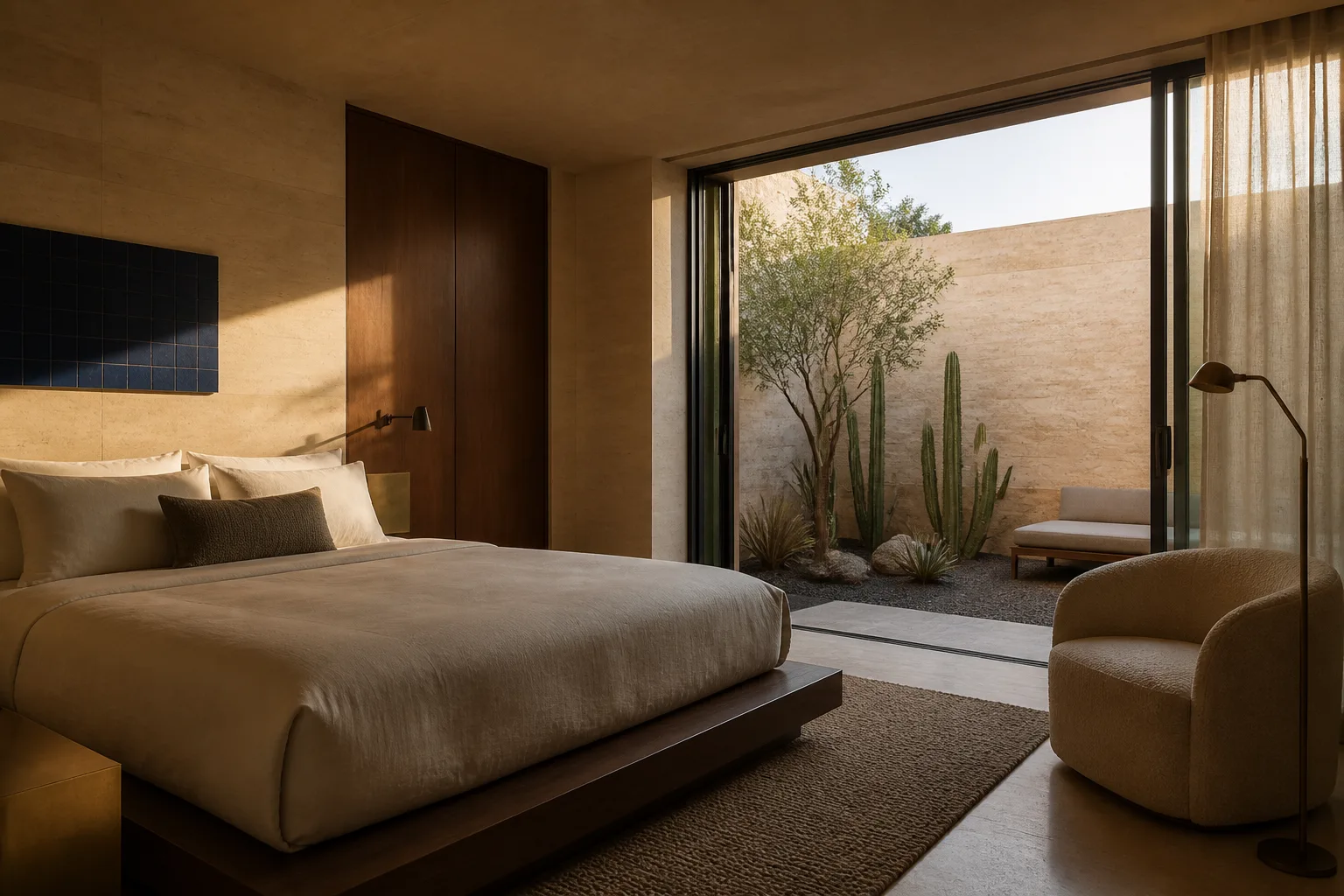 Courtyard King room opening to a cactus garden