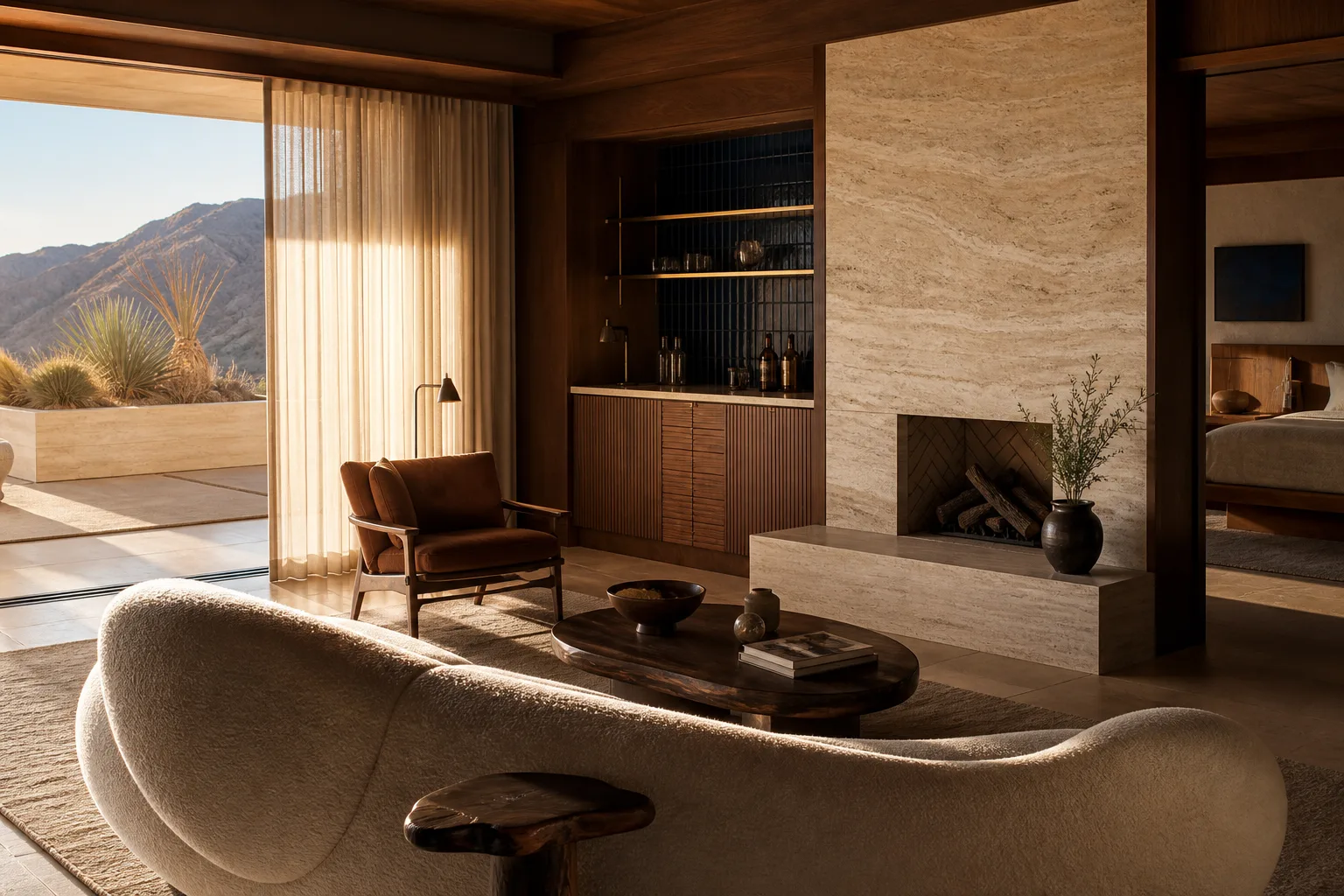 Desert Suite living room with travertine fireplace