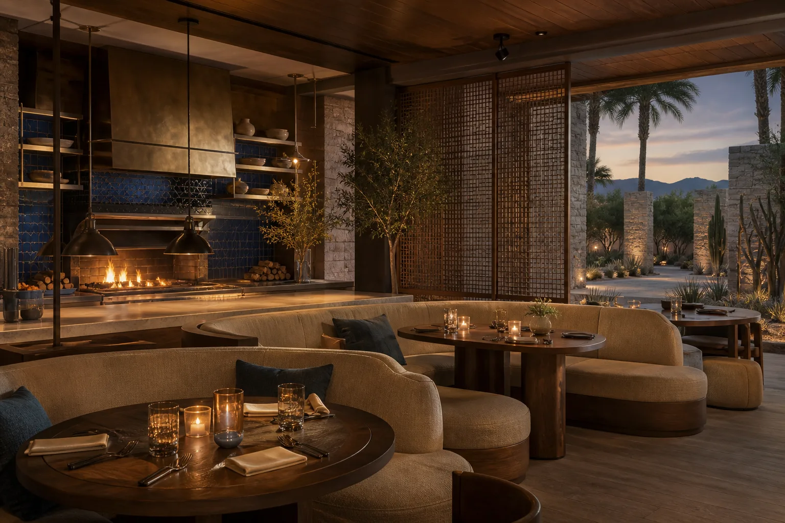 Ember restaurant with open hearth and curved banquettes
