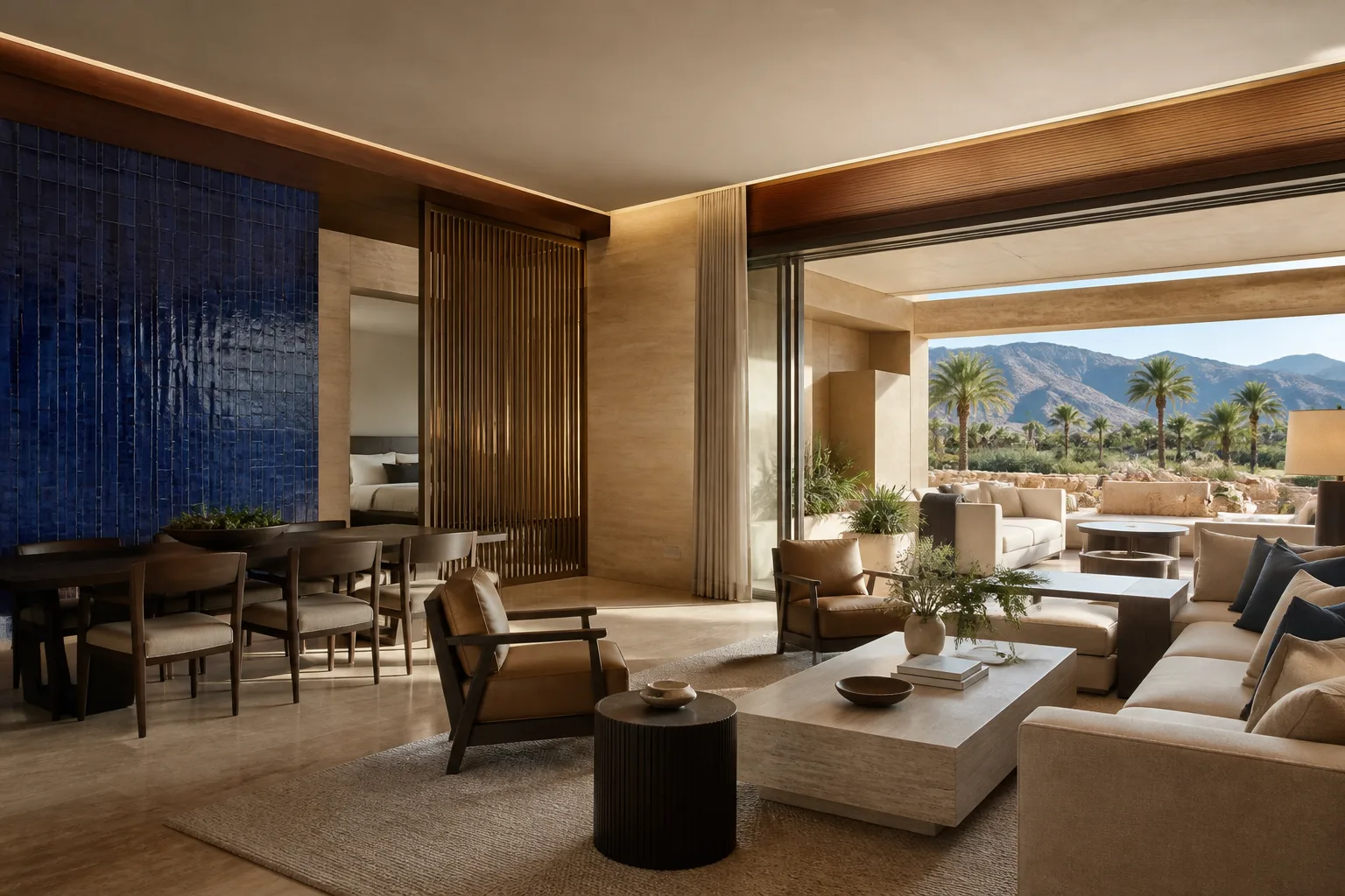 Mesa Suite living room opening to a mountain terrace